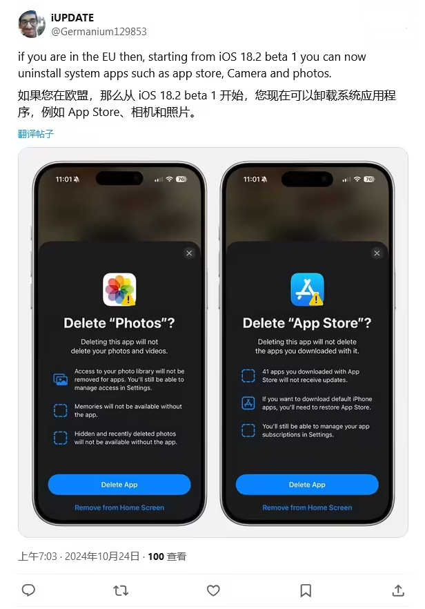 定城镇苹果手机维修分享iOS 18.2 支持删除 App Store 应用商店 