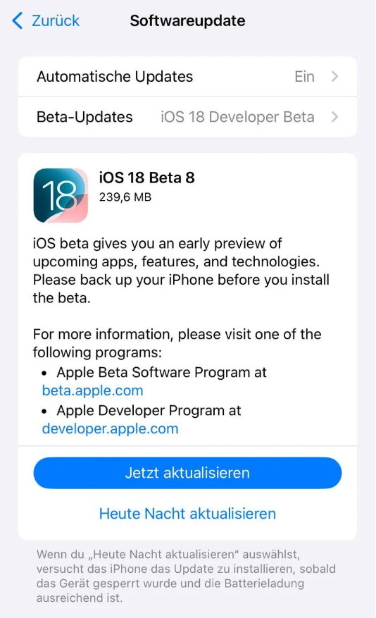 定城镇苹果手机维修分享苹果 iOS / iPadOS 18 开发者预览版 Beta 8 发布 